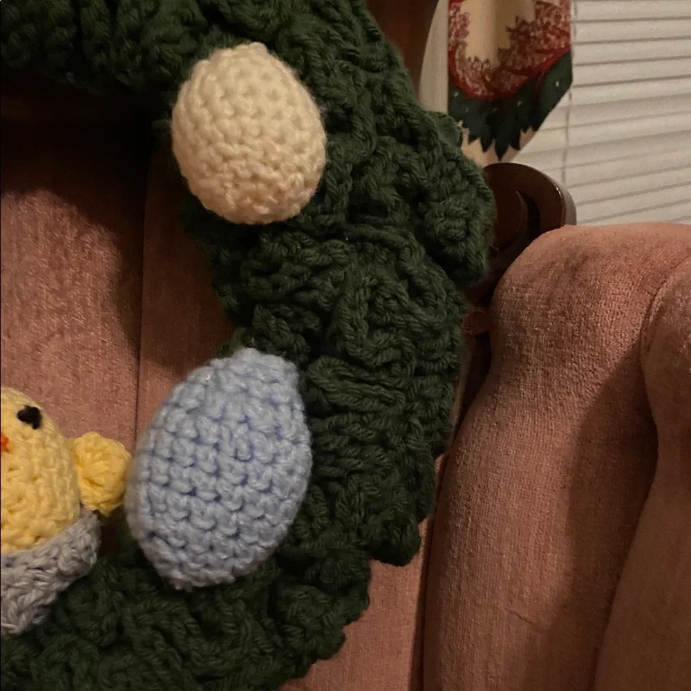 Vintage Handmade Crochet Easter Wreath with Chick and Eggs
